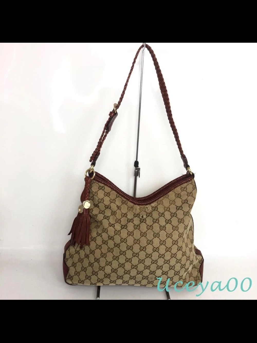 Gucci Beige Monogram Shoulder Bag with Brown Trim